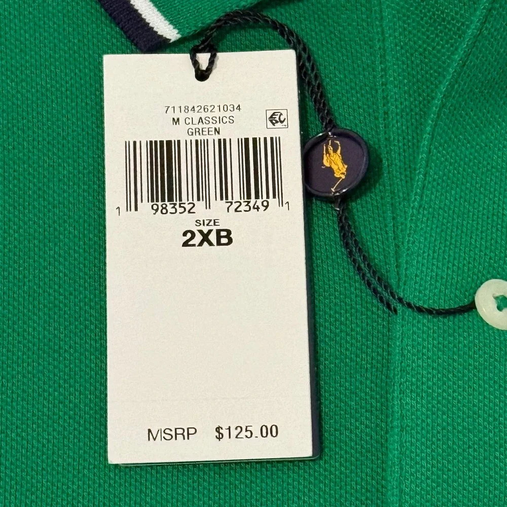 Polo Ralph Lauren Mens Green Tipped Pique Polo‎ Shirt 2XB Big & Tall